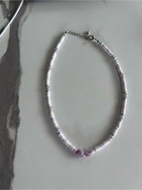 Vintage coastal purple and white shell and bead necklace.